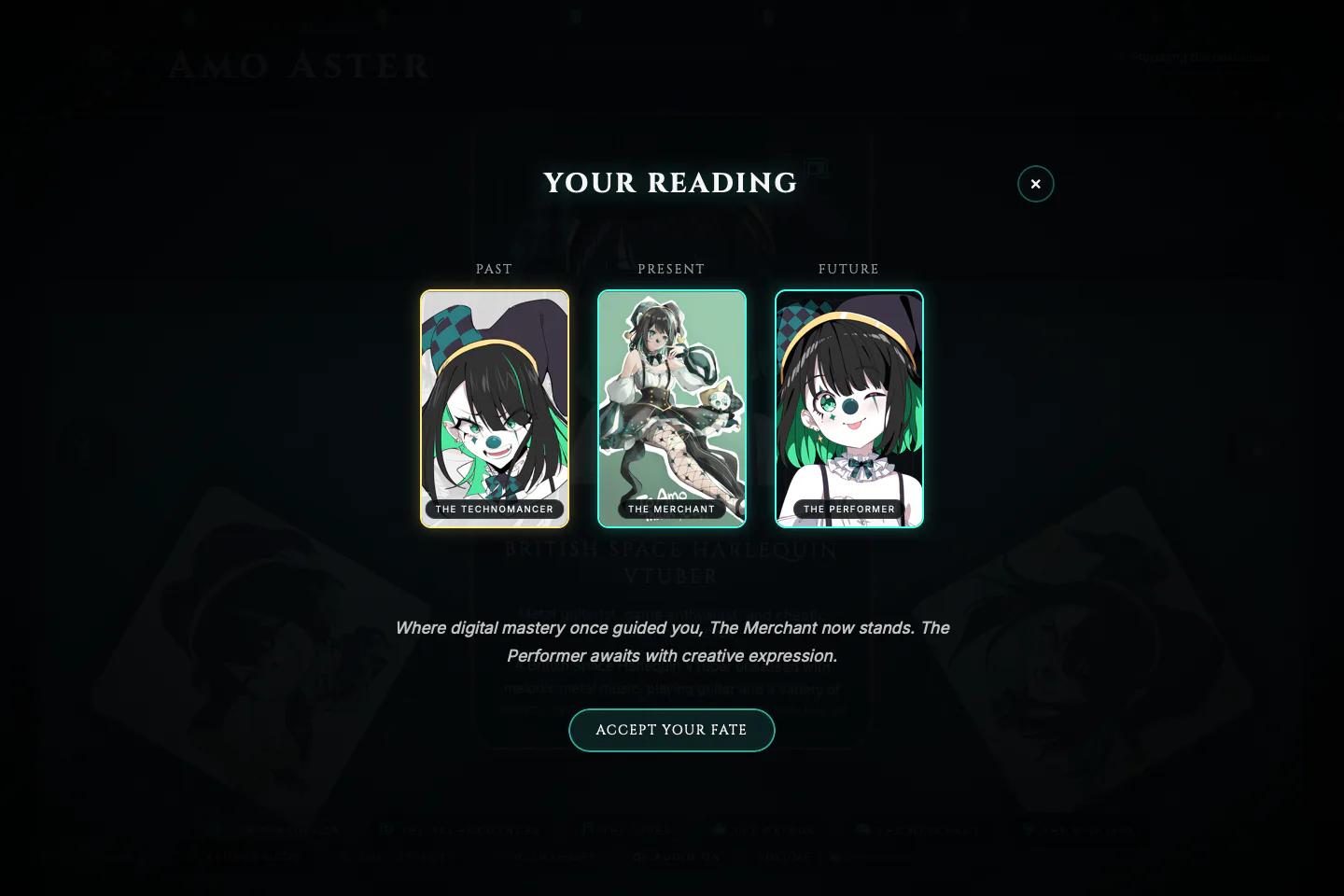 Digital Carnival three-card reading overlay showing past, present, and future cards