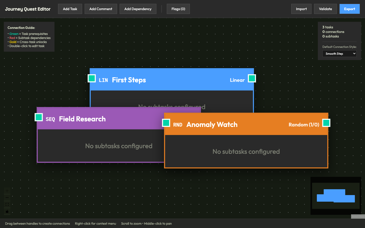 Journey visual quest editor with three connected task nodes