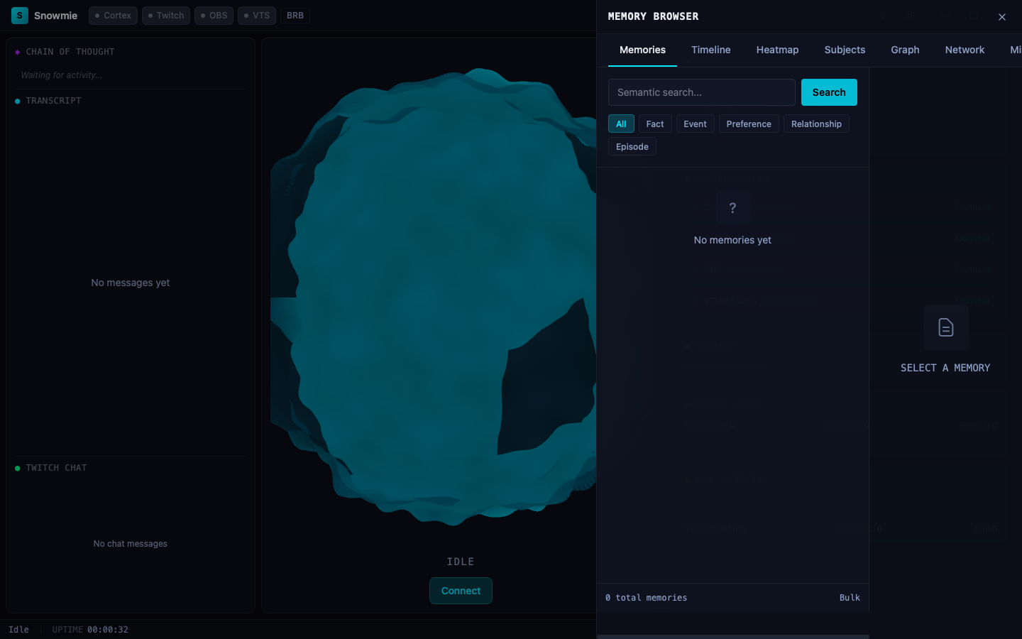 Snowmie Memory Browser open over Mission Control, showing semantic search, memory-type filters, and navigation for timelines, heatmaps, subjects, graphs, mood, personality, and maintenance